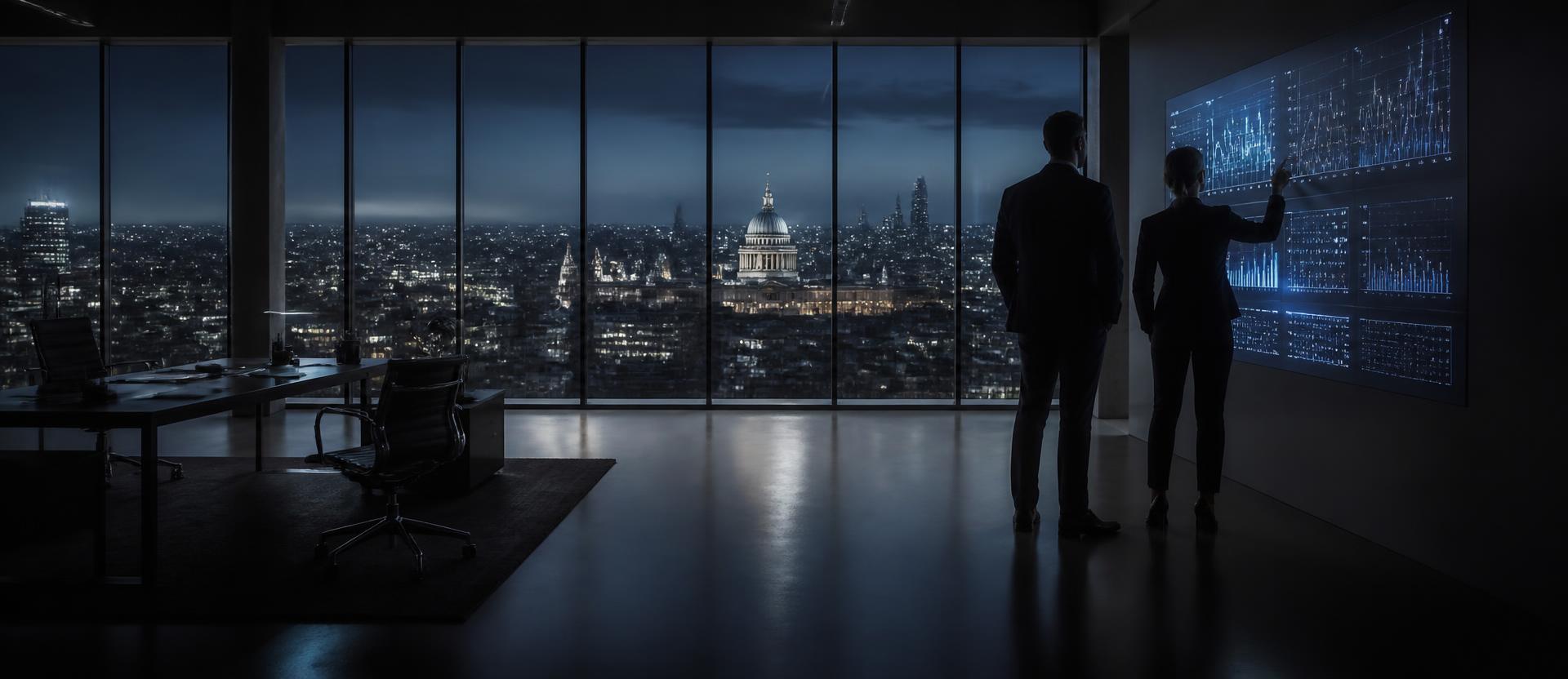 Two professionals reviewing charts on a wall display in a night-time penthouse office
