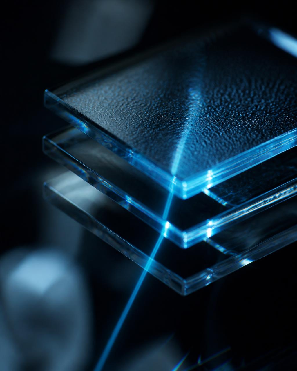 Layered translucent glass panels refracting a beam of blue light